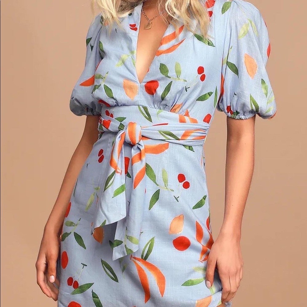 Finders Keepers Calypso Light Blue Fruit Print Puff Sleeve Mini Dress Sz XL